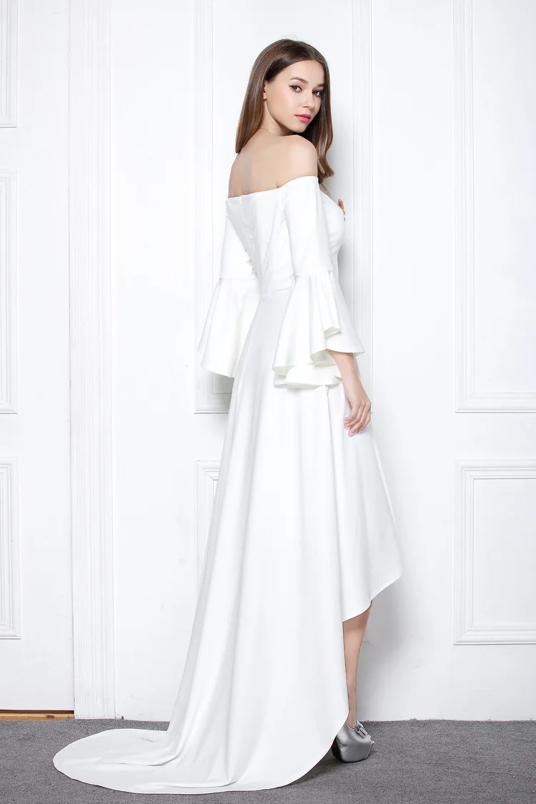 CK630 Spring New Arrival off-Shoulder Bell Sleeve Front Short Long Back Slim Fit Elasticity-Glorious Dress Women's Adult