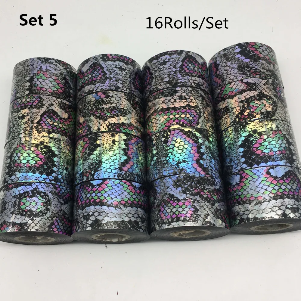 Set 5 16 рулонов Леопардовый принт наклейки для ногтей голограф Фольга для ногтей Переводные слайдеры бумага 120 м питоновый Узор Набор оберток маникюр - Цвет: Set 5