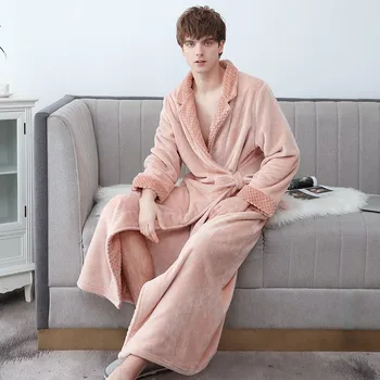 

New Men Coral Fleece Robe Winter Kimono Gown Warm Sleepwear Thicken Bathrobe Gown Lovers Nightwear Loose Home Wear Oversize 3XL