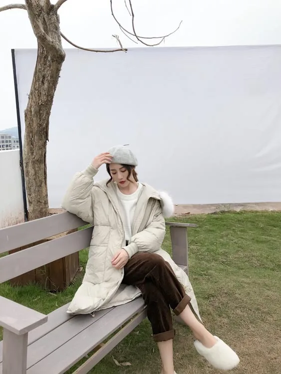 Южная Корея, зима, стиль, женское пуховое пальто, корейский стиль, длинный пуховик с меховым воротником, женский пуховик