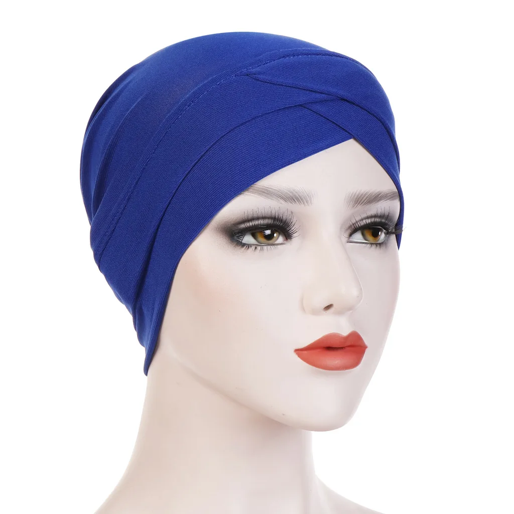 Muslim Women Cross Polyester Pearl Bead Turban Hat Cancer Chemo Beanies Cap Headwear Headwrap Plated for Hair Loss Accessories - Color: Plain RoyalBlue