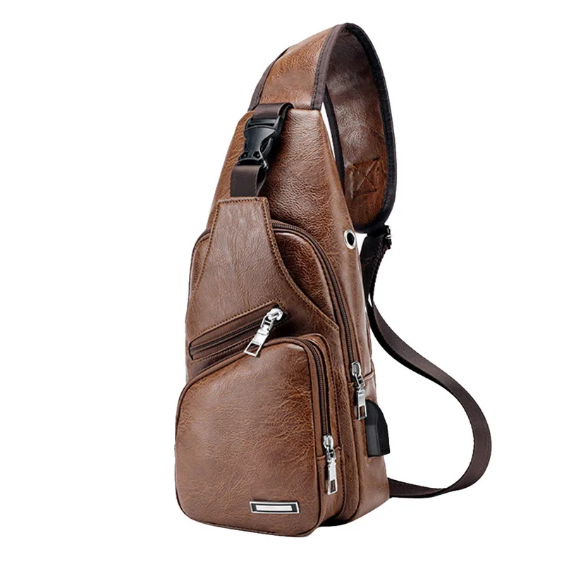 

Litthing Chest Bag Men PU Leather Chest Pack USB Backbag With Headphone Hole Functional Travel Organizer Male Sling Waist Bags