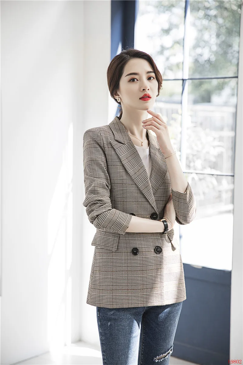 Fashion Casual Women Blazers and Jackets Plaid Elegant Work Clothes Office Ladies Outwear Coat OL Styles