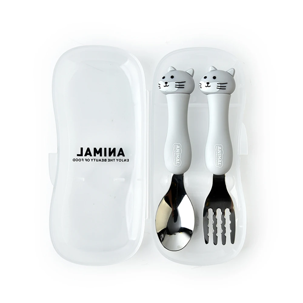 2Pcs Kids Silverware Cute Spoon Fork Travel Carry Set Children Portable Tableware Toddler Utensils Spoon Fork with Travel Case