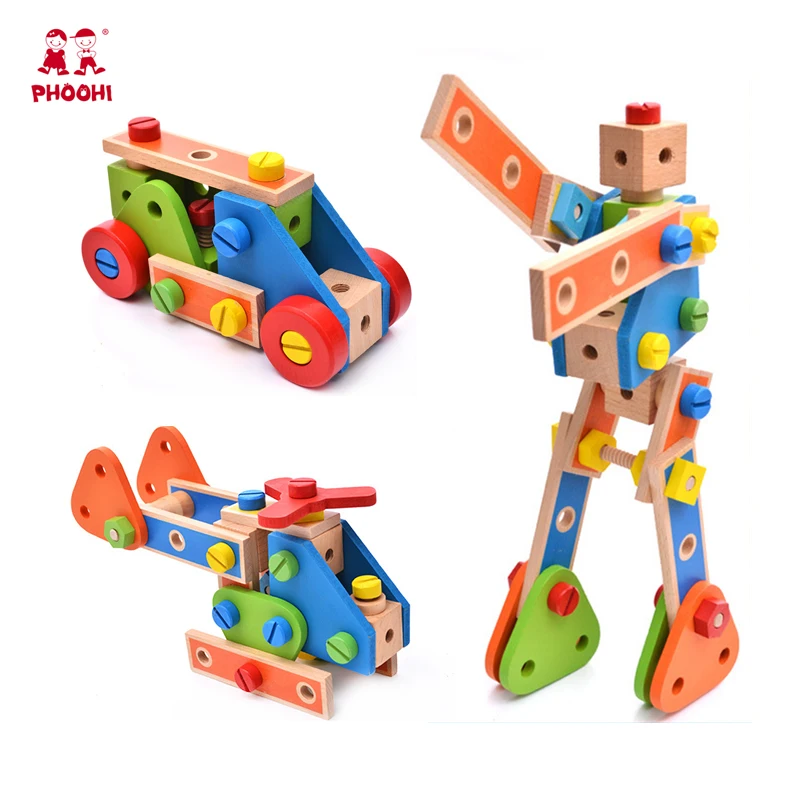 

Montessori Kids Toys Wooden 70 Nut Combination Multi-function Knock and Dismantle Screw Car Creative Building Block Toy