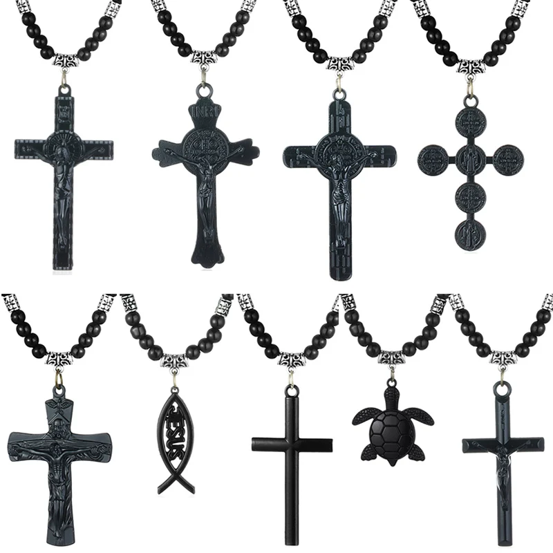 Retro Jesus Cross Pendants Necklace Black Color Beads Chains Saint