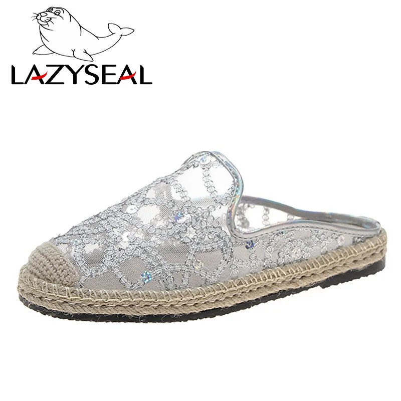 LazySeal/воздухопроницаемые тапочки из сетчатого материала; Осенняя женская обувь; обувь на плоской подошве из конопли; женские туфли без задника на шнуровке; женские шлепанцы с круглым носком - Цвет: Silver-Slides