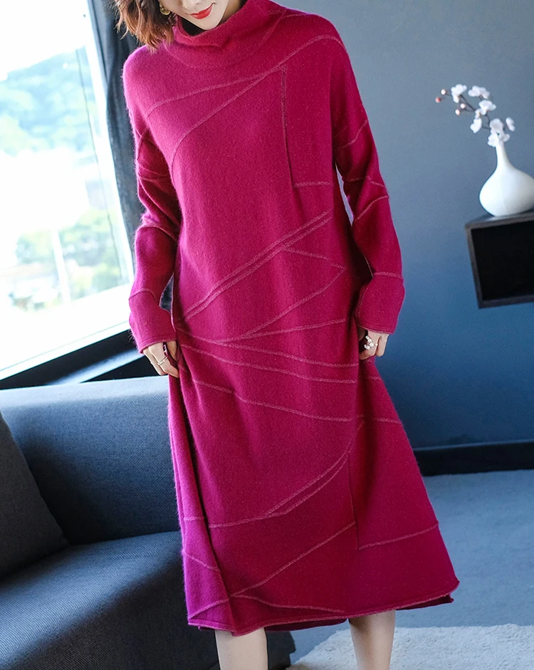 Осень Зима Водолазка кашемировое платье для женщин элегантный длинный рукав вязаный пуловер свитер размера плюс свободные красные шерстяные платья
