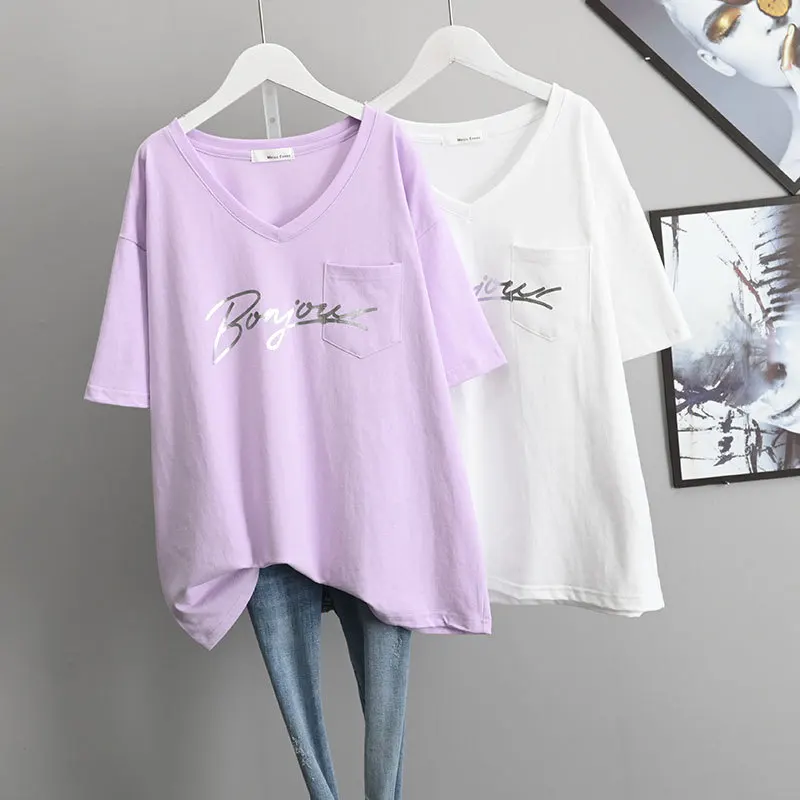 

2023 Summer Oversized Loose V-neck Casual Simple Solid Color Lazy Style Black Slim Women Short Sleeved T-shirt Free Shipping