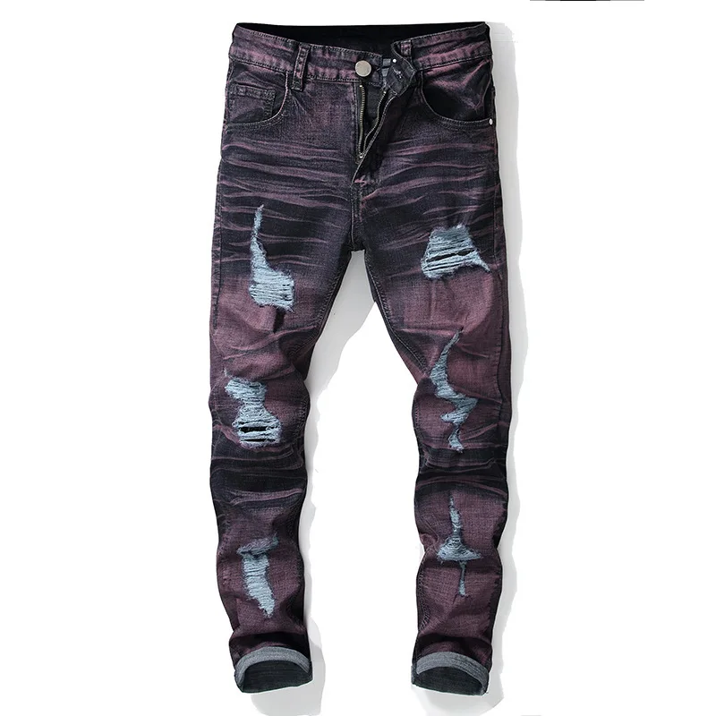 

personalized jeans men's stretch tie dye perforated men's trousers large black trousers cross border men's wear