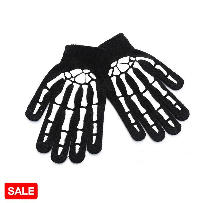 

Winter Warm Knitted Gloves Skull Skeleton Printed Full Finger Ski Cycling Gloves for Teenager Children guantes