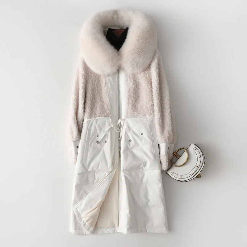 Пальто с натуральным мехом, зимнее пальто, женская одежда, корейская шерстяная куртка, стрижка овец, теплые куртки и пальто на утином пуху, AL-8, YY1783 - Цвет: White