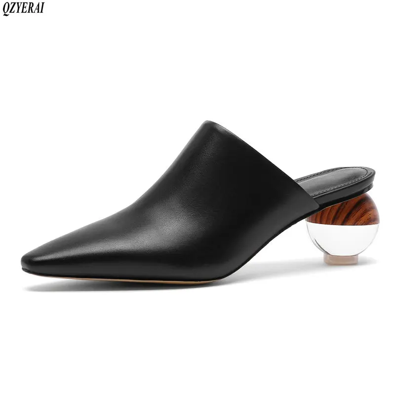 

European brand Genuine leather women's slippers crystal ball heels sandals fashion party cowhand shoes sizes 34-43