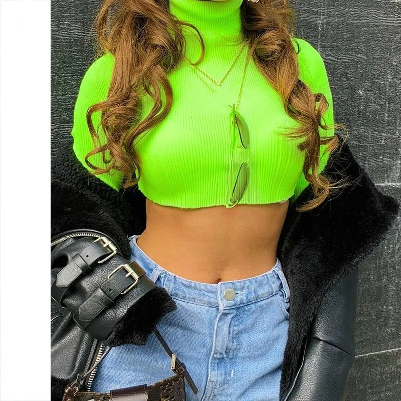 

Fall Women Turtleneck Knitted Club Crop Top Long Sleeve Neon Green Sweater Short Slim Pullovers