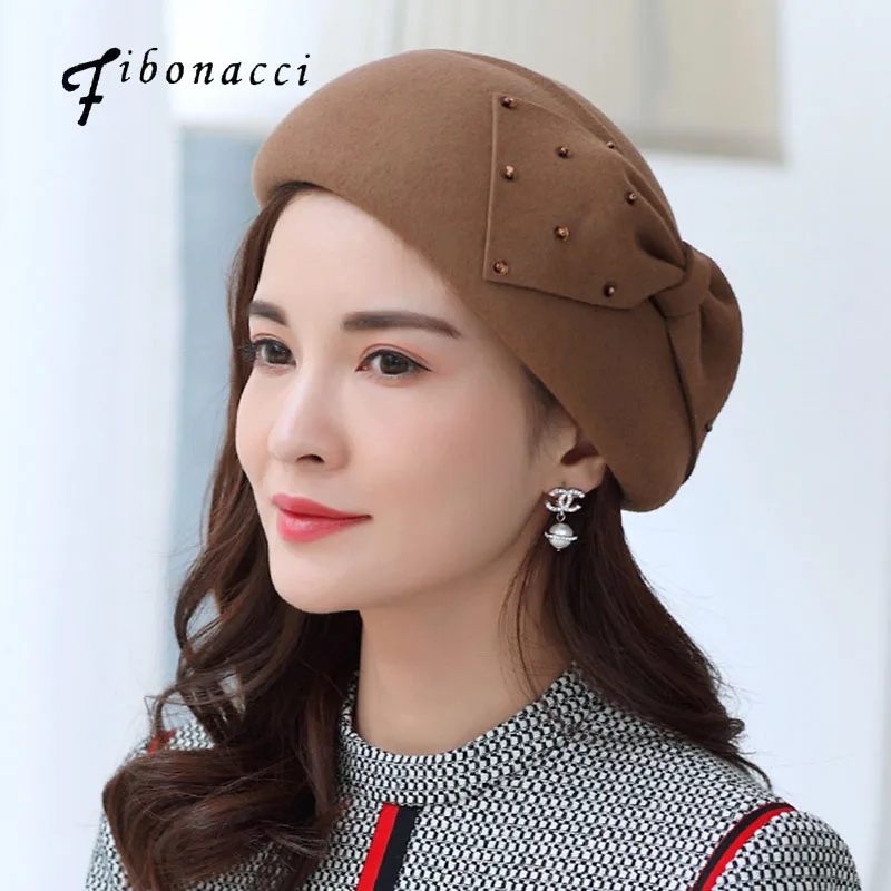 Hat Elegant Female Berets Wool Felt Cap Bow Sequin Embellishment Beret Hats for Women Church