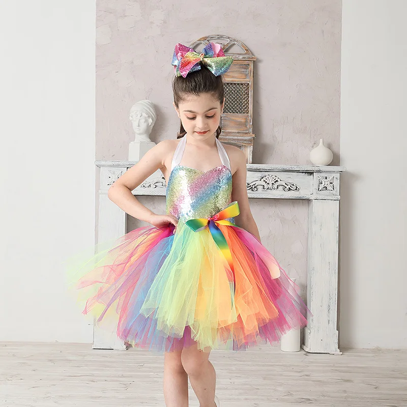 Rainbow Sequins Girl Princess Tutu Dress Kids Wedding Birthday Party Pageant Tulle Dresses Vestidos Children Bow Clothing (9)