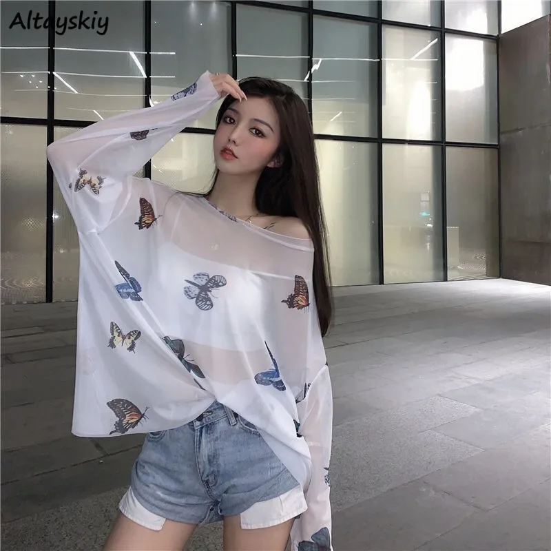 

Shirts Women Butterfly-print Korean Style Perspective UV-protection Wear Sexy All-match Leisure Loose Street Ulzzang Summer Ins