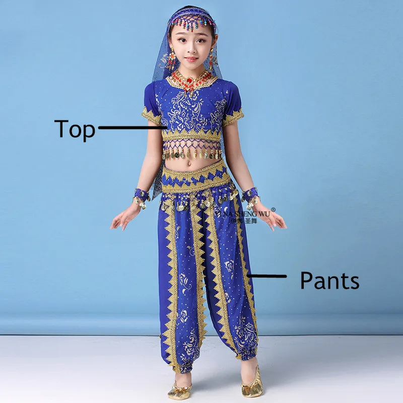 Royal blue 2pcs Набор костюма для танца живота дети Индийский танец живота комплект одежды Восточный танец Детские платья Танец живота дети индийский 4 цвета - Цвет: Royal blue 2pcs