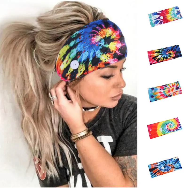 

Yoga Hair Bands With Button Outdoor Wide Headband Tie-dye Turban Elastic Hair Bands Breathable Bandana Hair Accessories