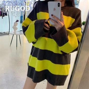 

RUGOD Women Sweater and Pullover Fashion Color Blocking Striped Knitted Pullover Korean Loose O Neck Long Winter Sweater Pull