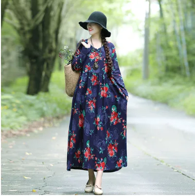 

2019 Autumn New Style Retro Large Size Dress Cotton Linen Long Skirts Loose-Fit Ethnic-Style Frog Crew Neck Dress Women's