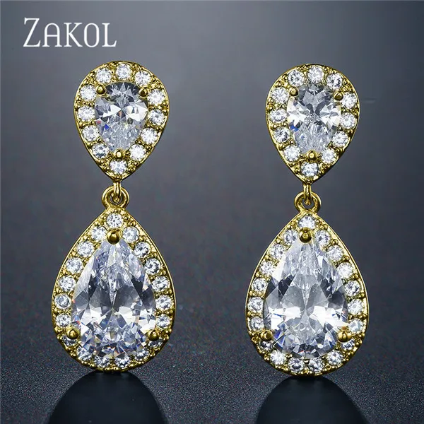 Gold Color ZAKOL никель свободный моды классические в форме капли Кристалл циркония свадебные серьги для невесты украшения для Для женщин FSEP091 - Окраска металла: Gold Color