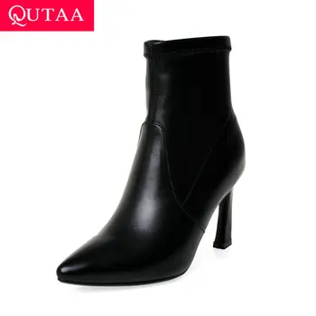 

QUTAA 2020 Sexy Winter Zipper New Autumn Pointed Toe Ankle Boots PU+Leather Elegant Hoof High Heel Women Shoes Size 34-43