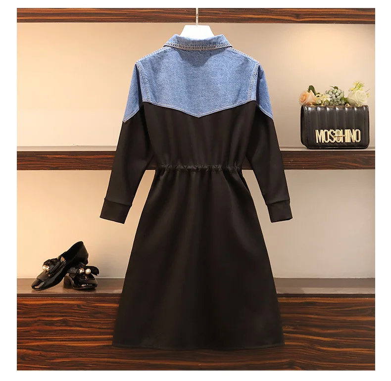 SuperAen Autumn New Pluz Size Women's Dress Wild Casual Fashion Denim Stitching Drawstring Ladies Dress Long Sleeve Dresses