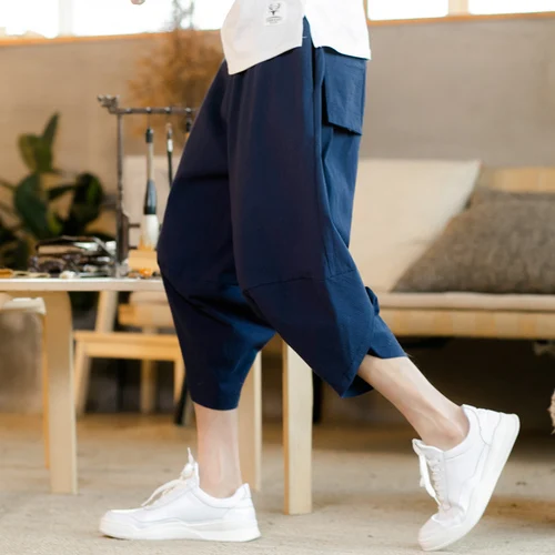 Navy blue Sinicism мужские брюки хлопковые шаровары повседневные брюки мужские эластичные талии широкие Лоскутные льняные брюки Капри S-5XL - Цвет: Navy blue