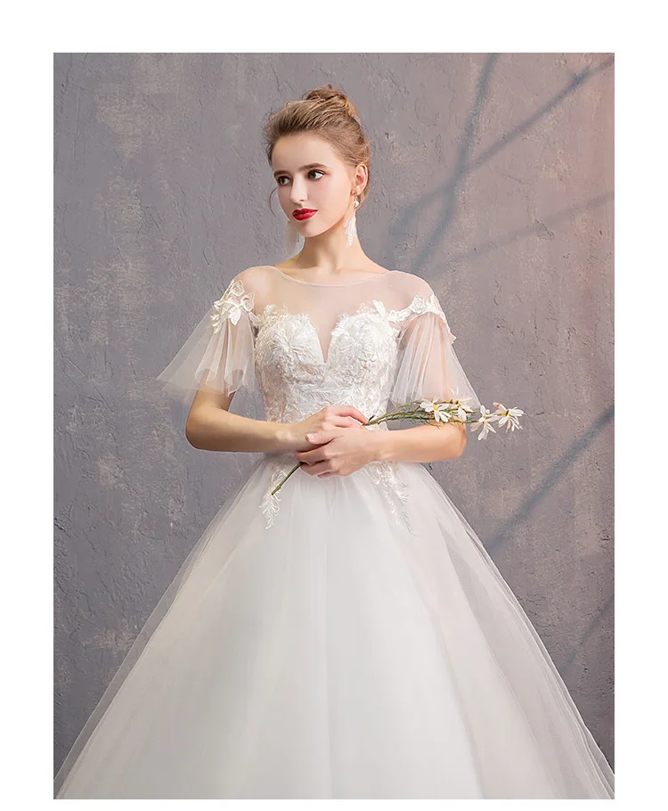 Robe De Mariee свадебное платье с иллюзией бальное платье с круглым вырезом и коротким рукавом на шнуровке свадебное платье с аппликацией для невесты Gelinlik