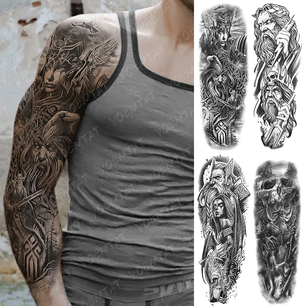 Large Arm Sleeve Tattoo Zeus Gods Lightning Hell Waterproof Temporary Tatto Sticker Poseidon Bear Body Art Full Fake Tatoo Men