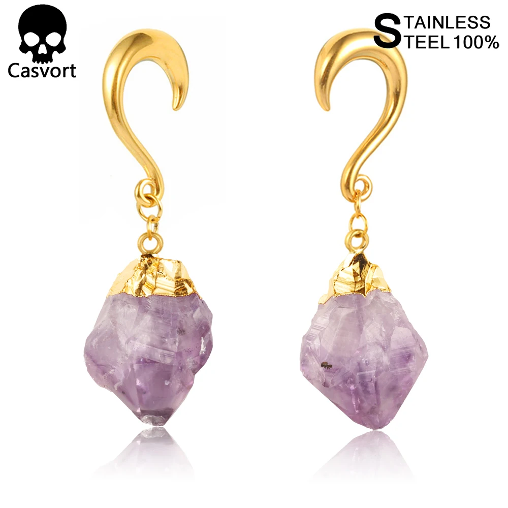 Casvort 2 PCS 2021 Amethyst Stone Dangle Hook Ear Weight Hangers 316 Stainless Steel Ear Plugs