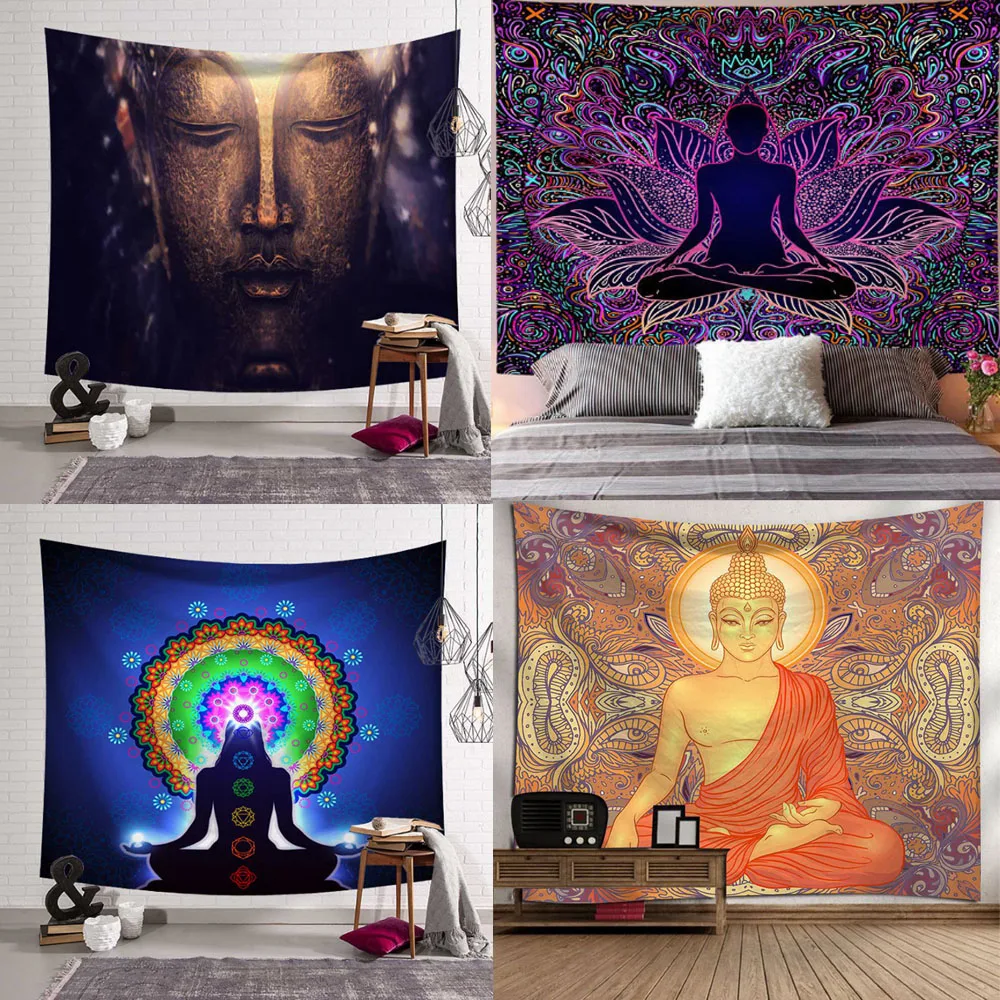 

Indian Buddha Statue Tapestry Wall Hanging Psychedelic Tapiz Home Background Cloth Yoga CarpetS Bedroom Blanket Mural Decoration