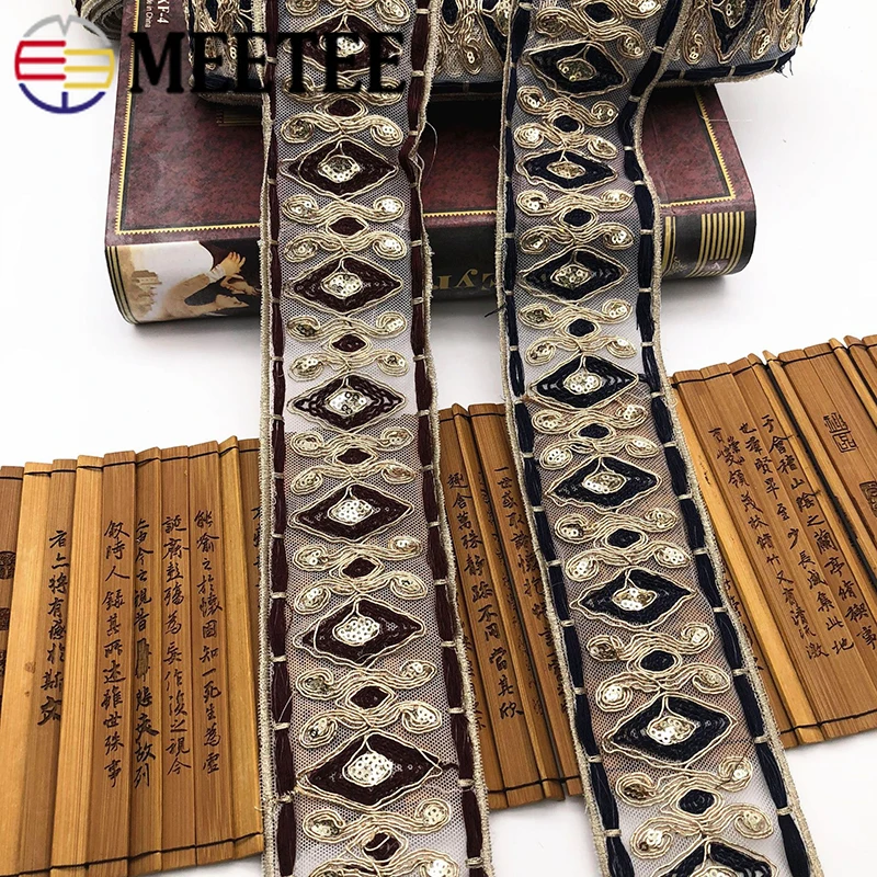 

4Meter Ethnic Gold Thread Embroidered Lace Trims Sequins Webbing Ribbons Tape For Shoes Dress Decoration DIY Sewing Accessories