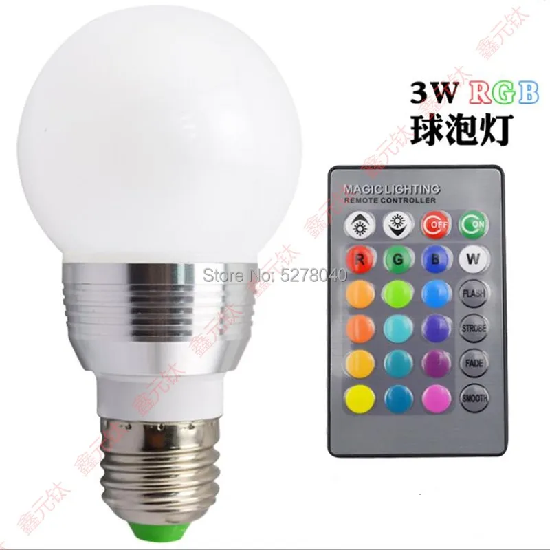 

3W RGB E27 B22 E26 E14 AC85-265V LED light 24key Color remote control variable lights Infrared remote dimmer 5pcs/lot