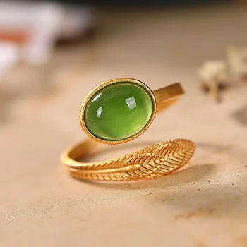 

Silver 925 ring Sterling silver Gilded Natural Hetian Jade Jade Feather Lady Adjustable opening ring jewelry ring wedding