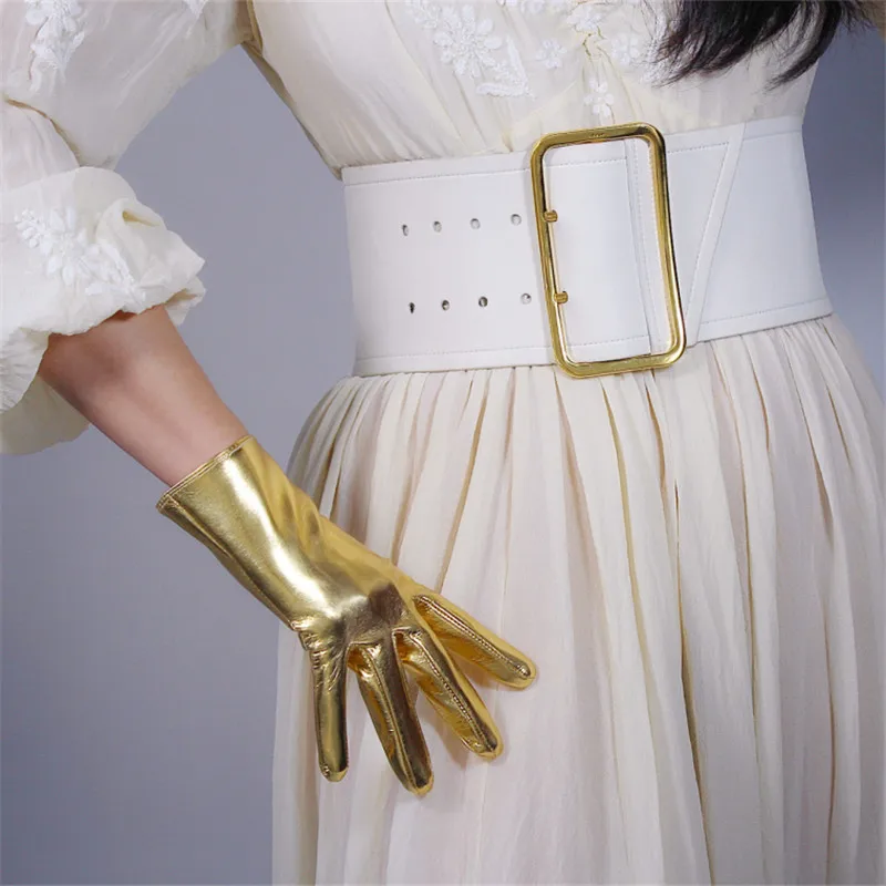leather gold Короткие перчатки для сенсорного экрана 21 см из искусственной кожи, зеркальные Яркие кожаные лакированные кожаные яркие черные, коричневый, белый светильник WPU125 - Цвет: leather gold