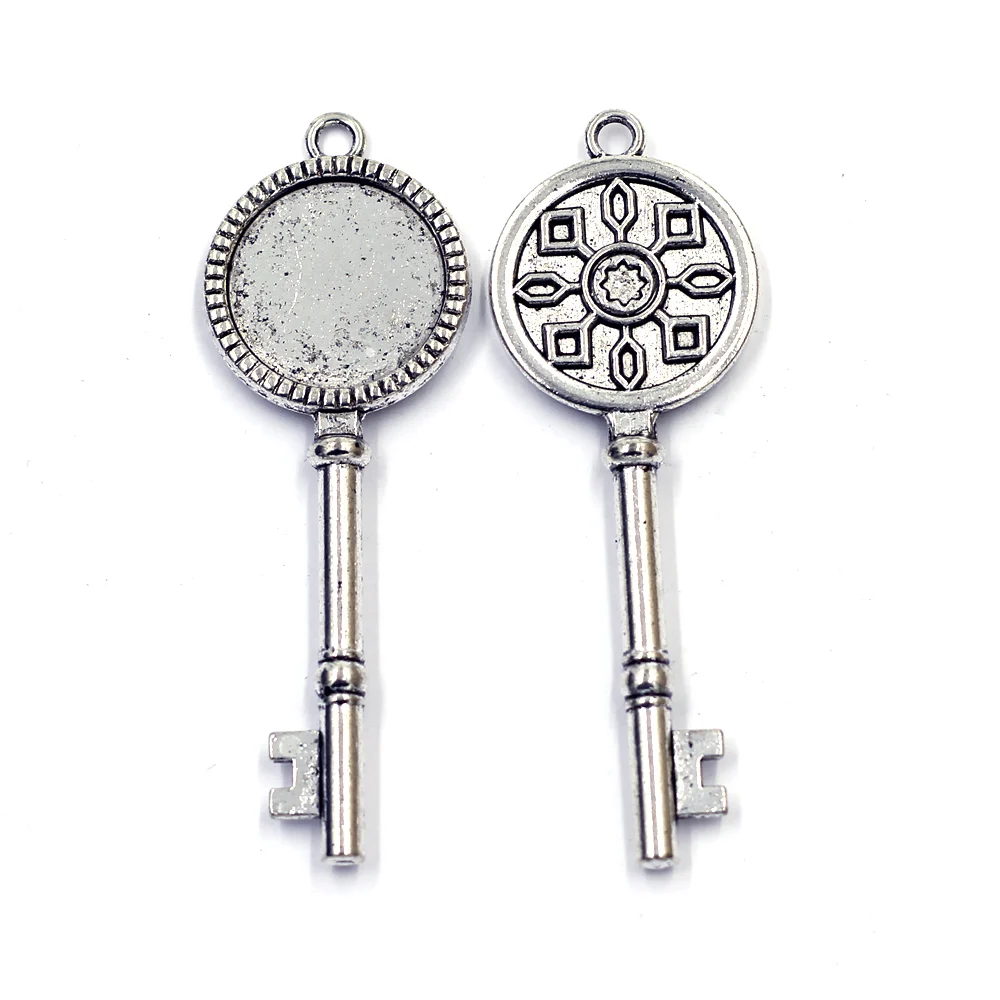 

10Pcs Antique Silver Tone Key Clef Pattern Charms Pendant Round Cabochon Setting 70x25mm Fit Cameo 20mm