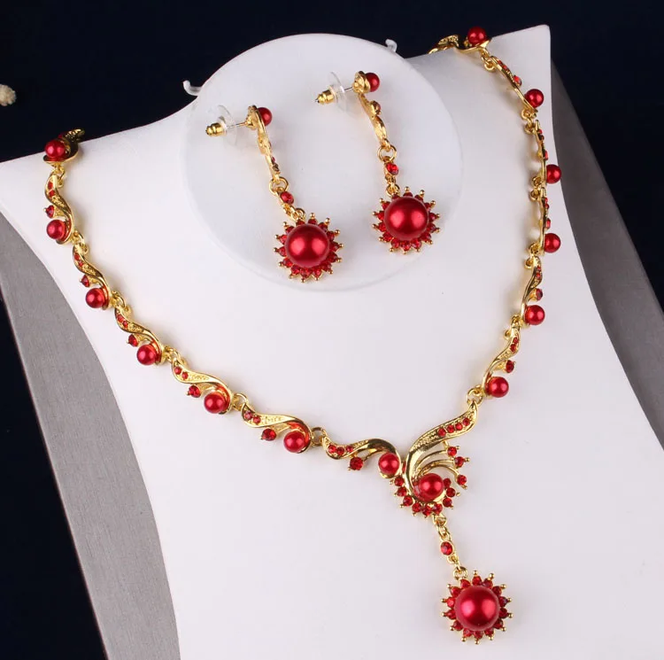 Baroque Vintage Gold Bridal Jewelry Sets Red Crystal Pearls Necklace Earrings Tiaras Crown Set Wedding African Beads Jewelry Set