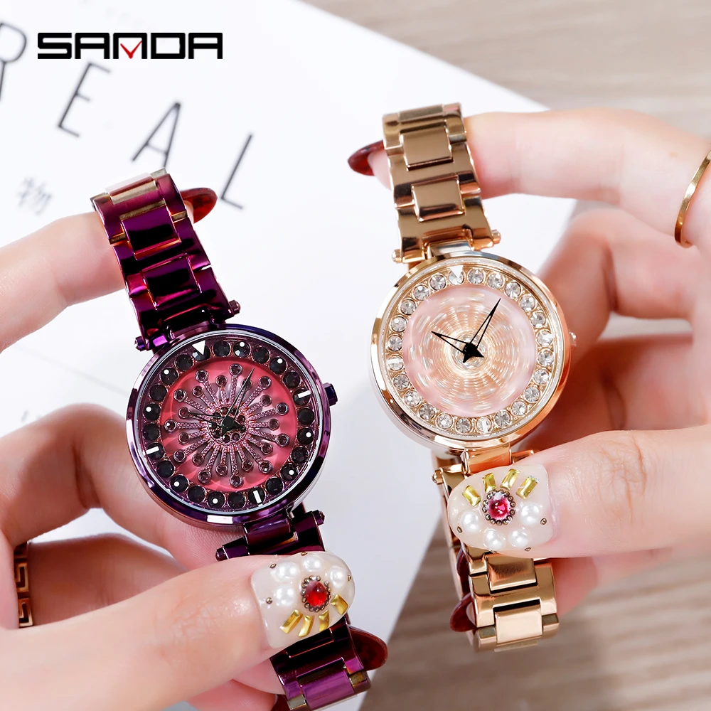 

Sanda 360 ° C to run watch girl ins wind niche fashion diamond net red with students waterproof luxury steel belt women's watch