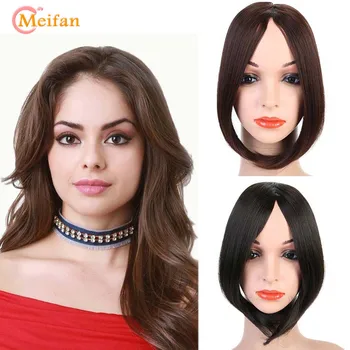 

MEIFAN Long Bangs Clip in Forehead Bangs Extension Natural Black Brown Bangs Heat Resistant Synthetic False Fringe Bangs