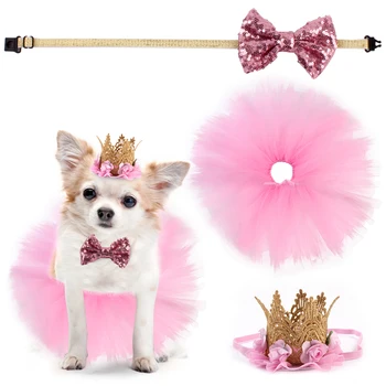 

3pcs/Set Puppy Birthday Party Supplies Tutu Skirt Bowtie Crown Hat Pet Dog Skirt Suit For Wedding Valentine'S Day Medium Dogs