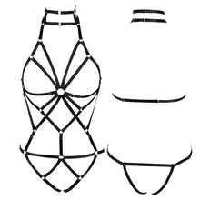 Полный комплект с бюстгальтером на бретельках с вырезами, укороченный топ, рабы на Хэллоуин, бондаж, сексуальное нижнее белье в готическом стиле, Клубные вечерние фестивальный рейв для танцев