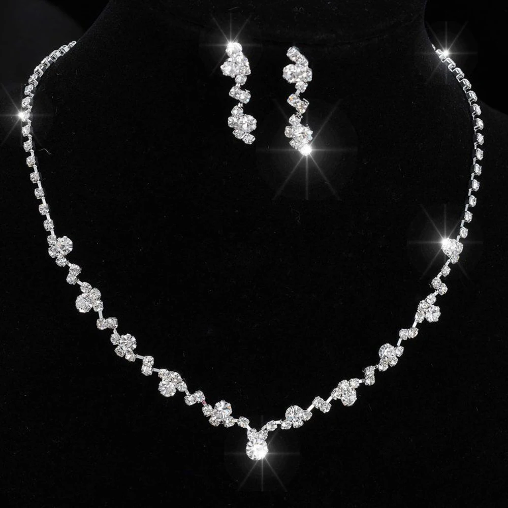 

2019 New Chic Sliver Plated Rhinestone Crystal Necklace+Earring Jewelry Set For Bride Bridal Wedding