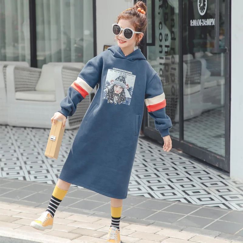

New Winter Big Girl Hooded Thick Print Warm Dress Casual 100% Cotton Plus Velvet Dresses for 3-16Y School Style Frocks CL216