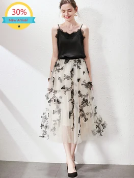 

Clothes That It Can't Be Copied Spring New Model Elastic Waist Mid-Length Immortal Elegant Embroidered Mesh Skirt for Women