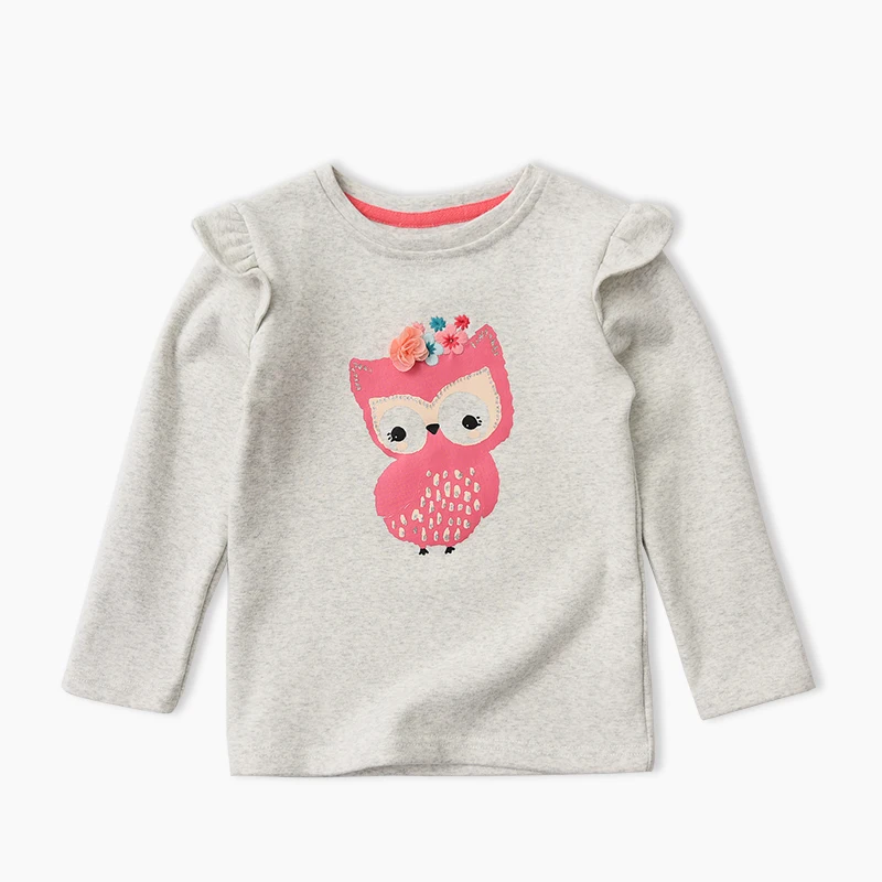 New Autumn Baby Girls Long-sleeved O-necked Flower Owl T-shirt Ruffles Shirt Cotton Children's Fly Long-sleeved T-shirt - Цвет: Серый