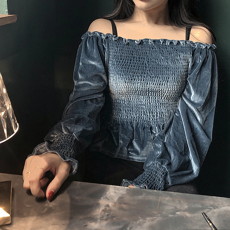 WHITNEY WANG блузки женские Осенняя модная Уличная Сексуальная блуза с вырезом лодочкой из эластичного бархата женские блузы рубашки топы