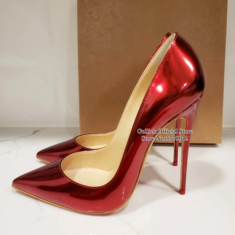 

Red Fluorescent Patent Leather Pointed Toe Pumps 12CM Stiletto Heels Shallow Dress Shoes Wedding Party Bride Shoes Big Size