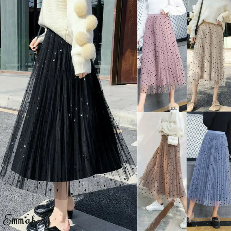 

2019 Fashion Brand New Womens Boho Polka Dot Long High Waist Summer Pleated Beach Skirt Front And Back Can Be Worn